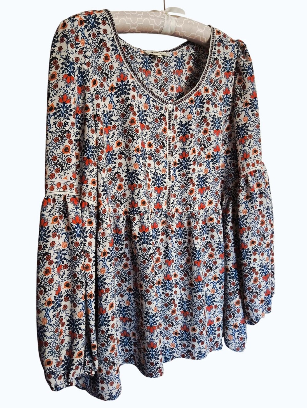 Max Studio Floral Bell-Sleeve Peasant Tunic in Ivory, Navy & Orange Boho Chic